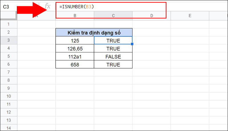 Sử dụng h&agrave;m ISNUMBER để kiểm tra định dạng số